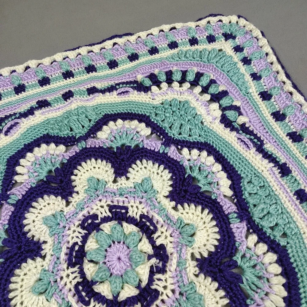 Vintage Handmade Crochet Baby Blanket Purple Blue 3-D Floral Design 32